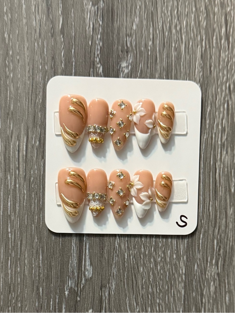 Nude & White Floral Press-On Nail Set with Gold Accents